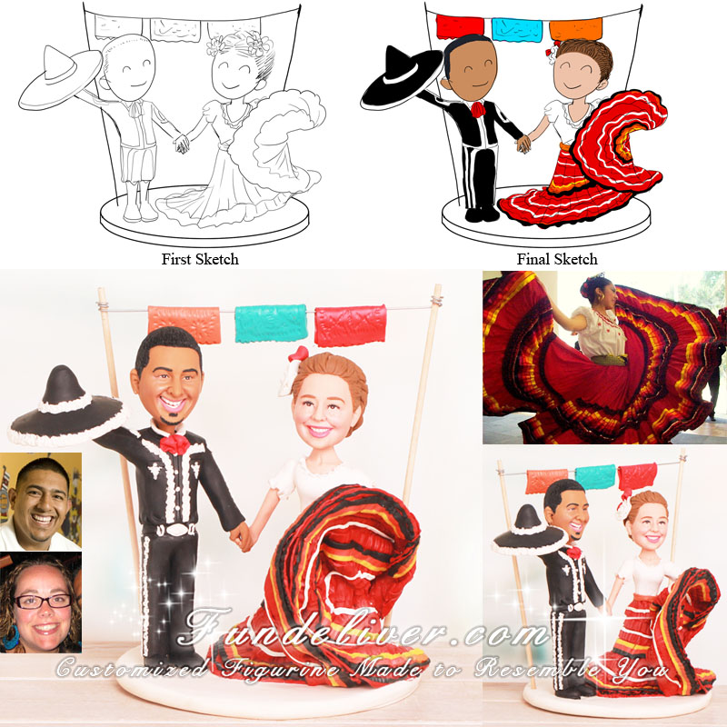  Del Folklorico Dancer and Mariachi Theme Wedding Cake Toppers 